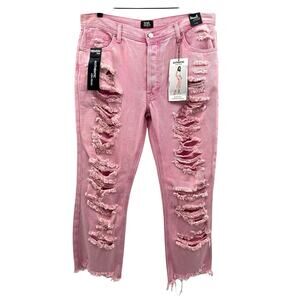 Ripped Straight Leg Jeans in Pink womens sz 11/30 High Rise Button Fly Cropped